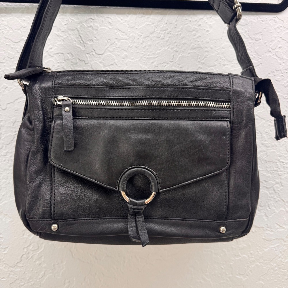 Great American Leather Works Black Leather Crossbody Organizer Bag Silver Ring